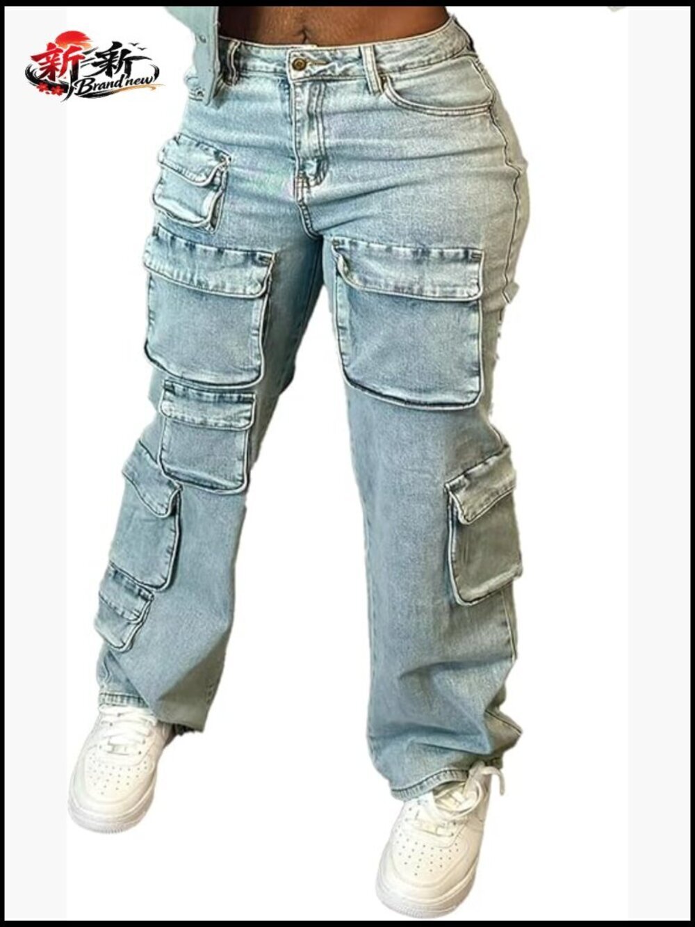 Women's High Waisted Cargo Jeans Stretchy Straight Leg with Pockets
